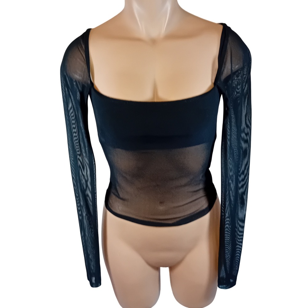 Edikted Sheer Mesh See Through Panel Long Sleeve Top Square Neck Y2K Style S
